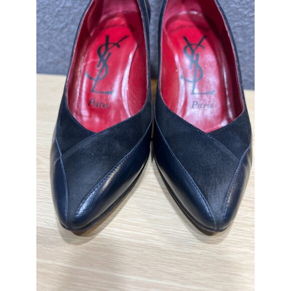 Vintage YSL Yves Saint Laurent Black Trim Leather & Suede Heels Size 6M Italy - Picture 5 of 11